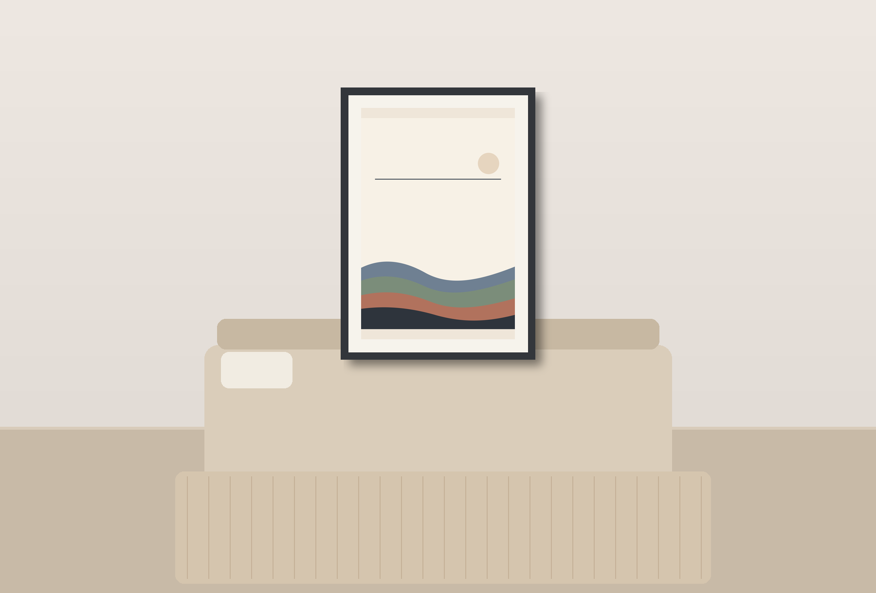 Single framed Quiet Rooms poster above a bedroom bed
