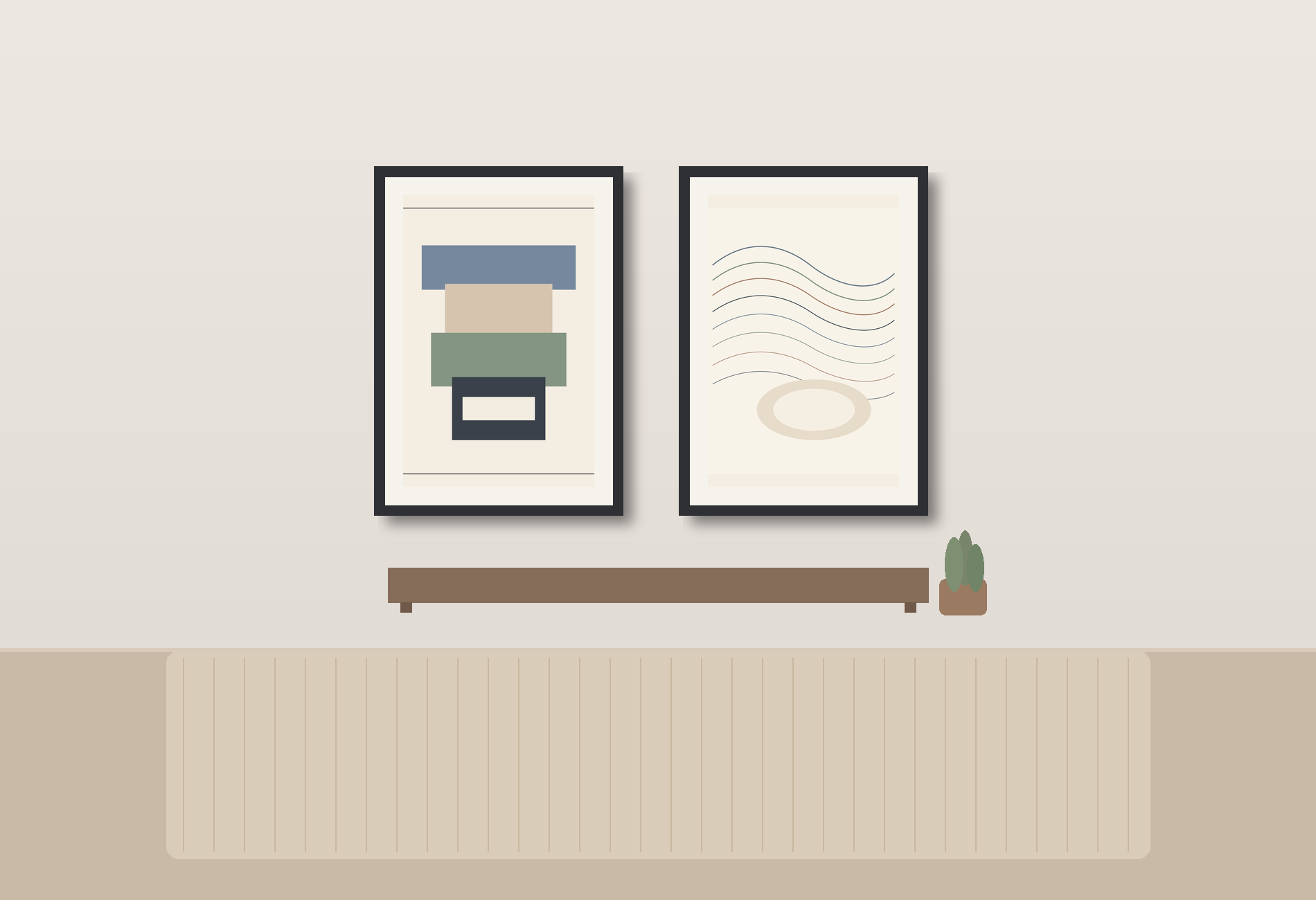 Two framed Quiet Rooms posters in an entryway