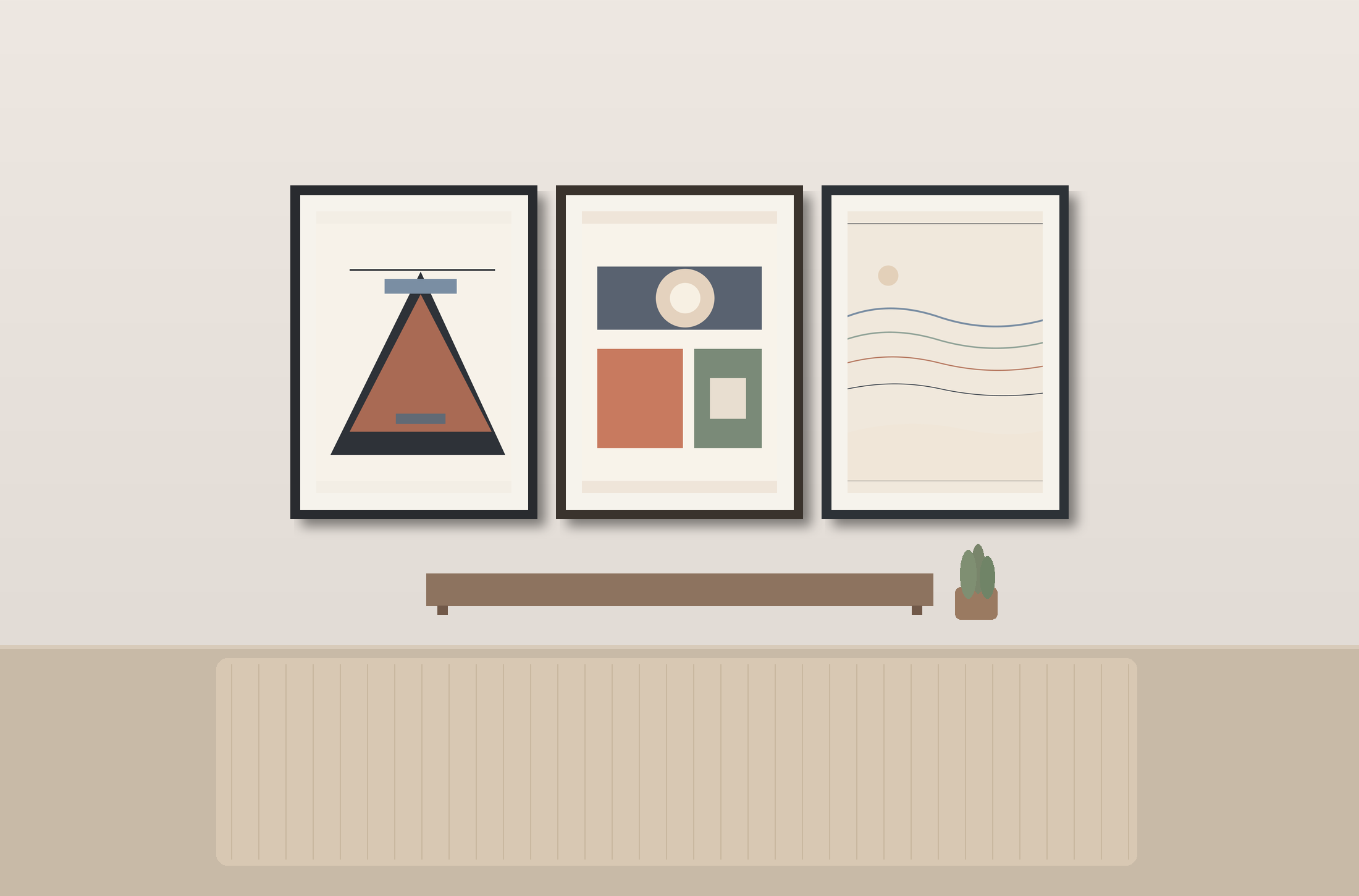 Three framed Quiet Rooms posters above a living room console